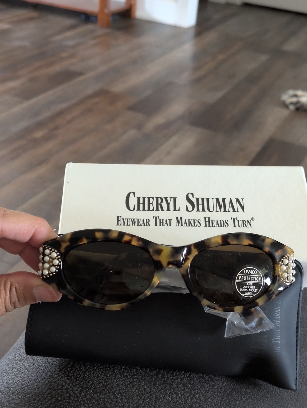 Cheryl Shuman Tortoiseshell Oval Sunglasses with Pearl Cluster Temples